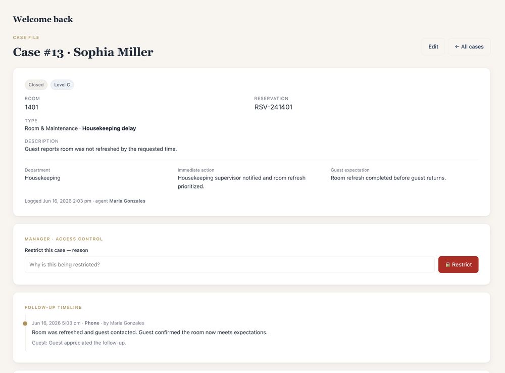 MyHotelCare case file with details, access control and follow-up timeline