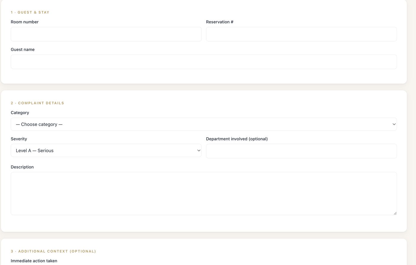 The MyHotelCare intake form with guest and stay details, complaint details, severity and description