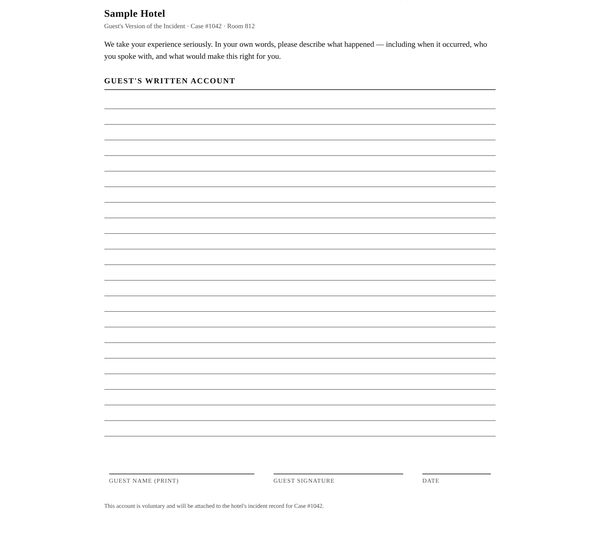 Guest’s Version of the Incident page with lined space for a written account and fields for guest name, signature and date