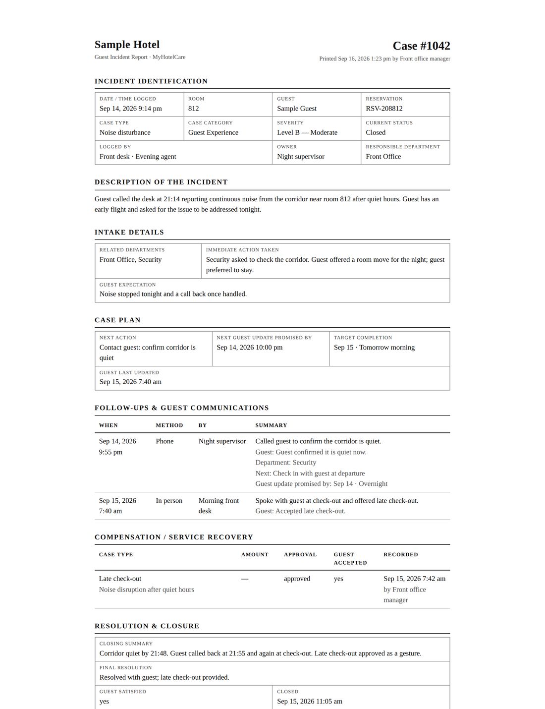 First page of a MyHotelCare Guest Incident Report for case 1042, a noise disturbance in room 812: incident identification, description, intake details and case plan