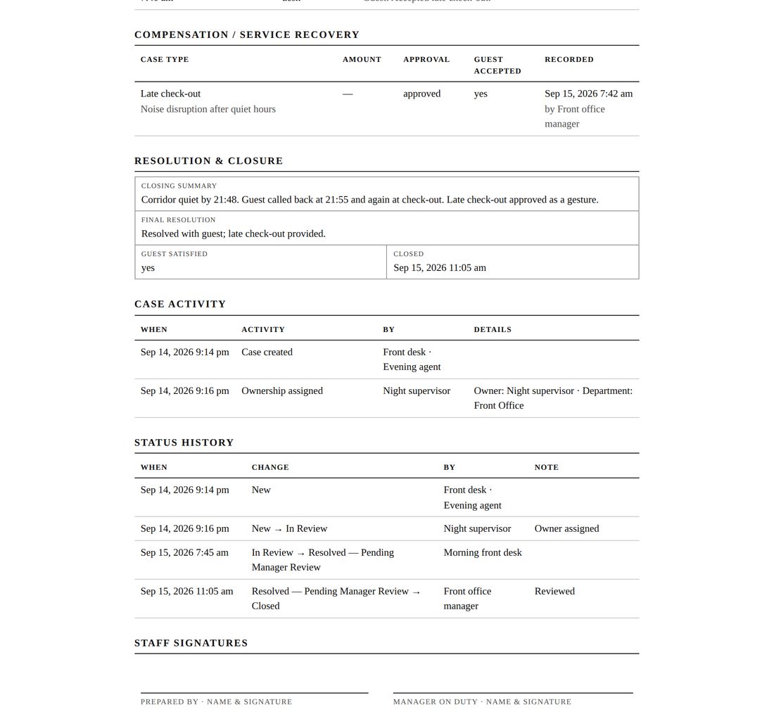 Incident Report sections for follow-ups and guest communications, compensation, resolution and closure, case activity, status history and staff signatures