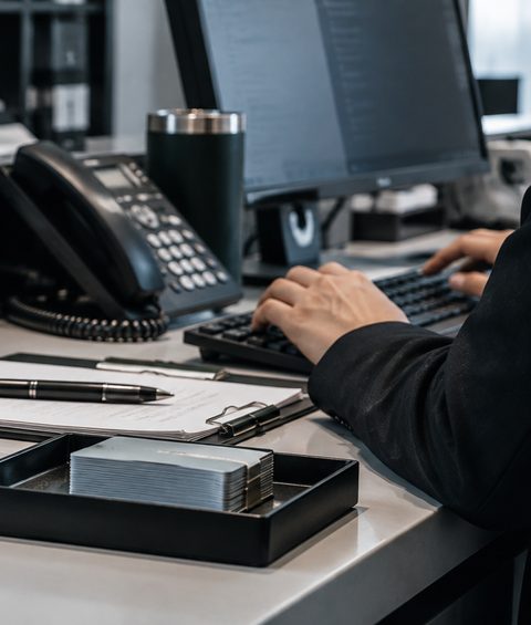 A hotel desk with a closed case folder, radio, phone and papers beside a staff member working